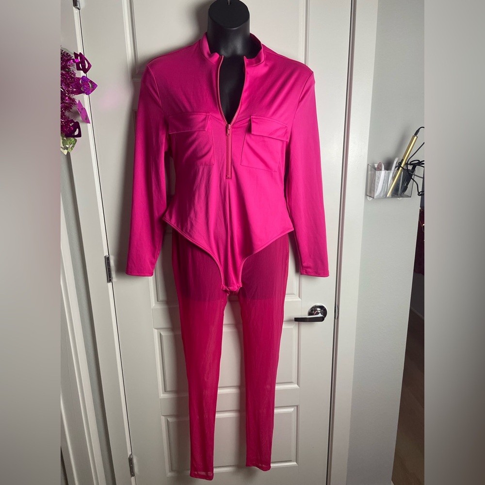 SHEIN Curve Hot Pink Zip Front Bodysuit & Mesh Leggings Set 1XL